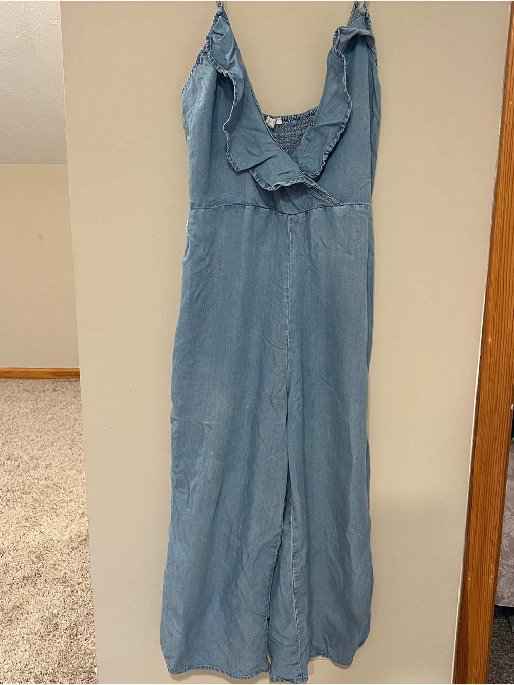Love Tree Sleeveless Jumpsuit Medium Tencel Smocked Ruffle Trim Chambray